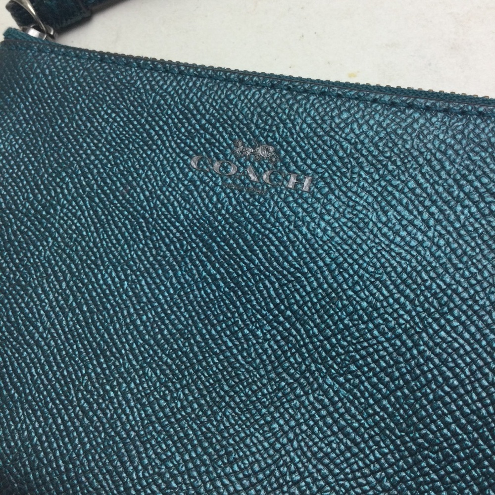 Coach Metallic Dark Teal Leather Corner Zip Wristlet - Picture 6 of 10
